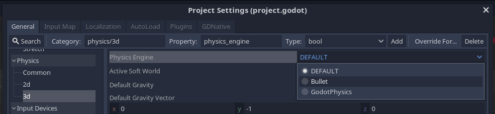 Screenshot of the option to choose physics engines in project settings